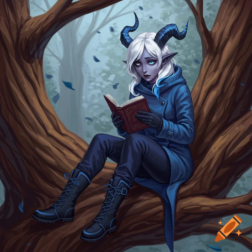 A fantasy character with horns and white hair reads a book while sitting in a tree.