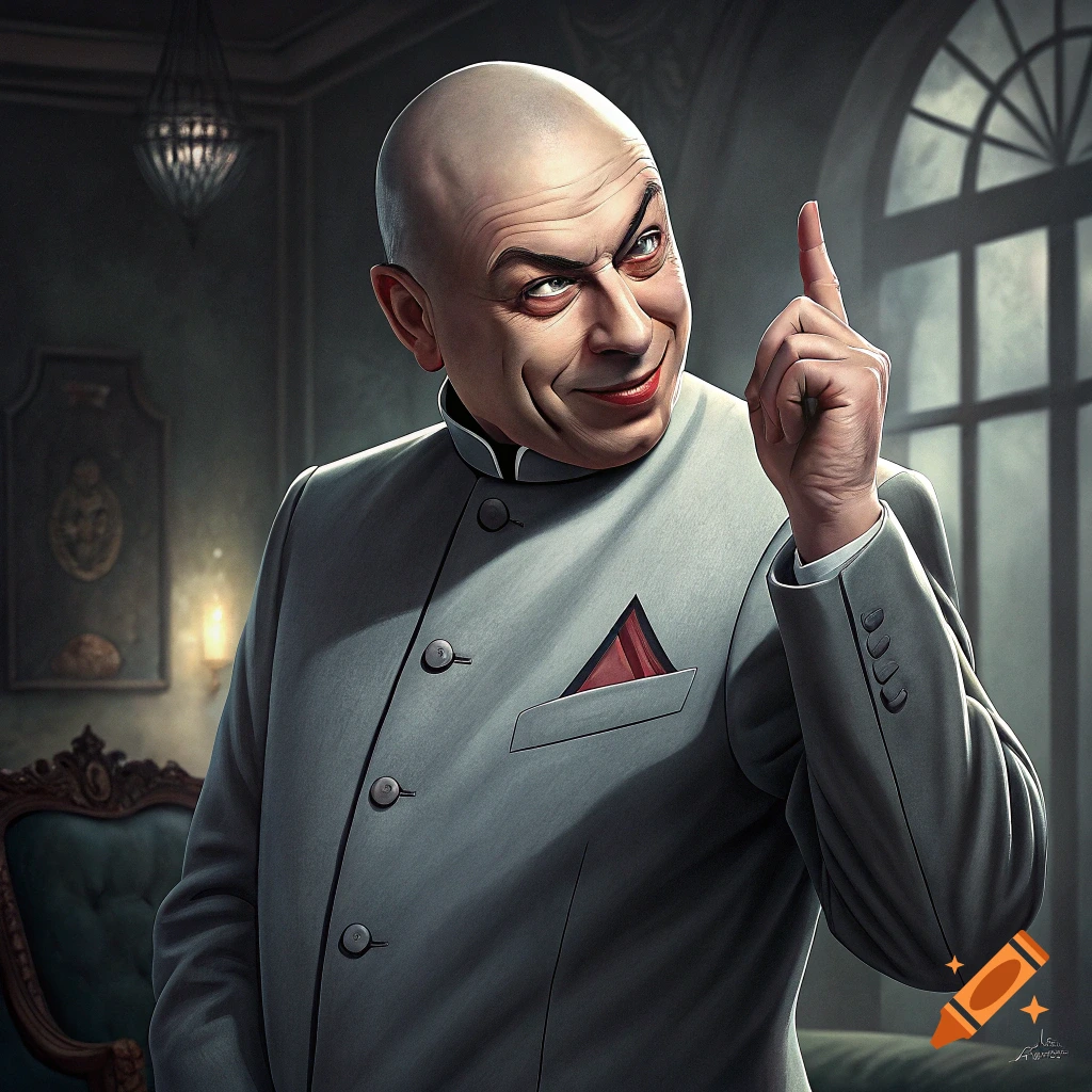 A bald man resembling Dr. Evil in a grey suit points upwards with a devilish grin.