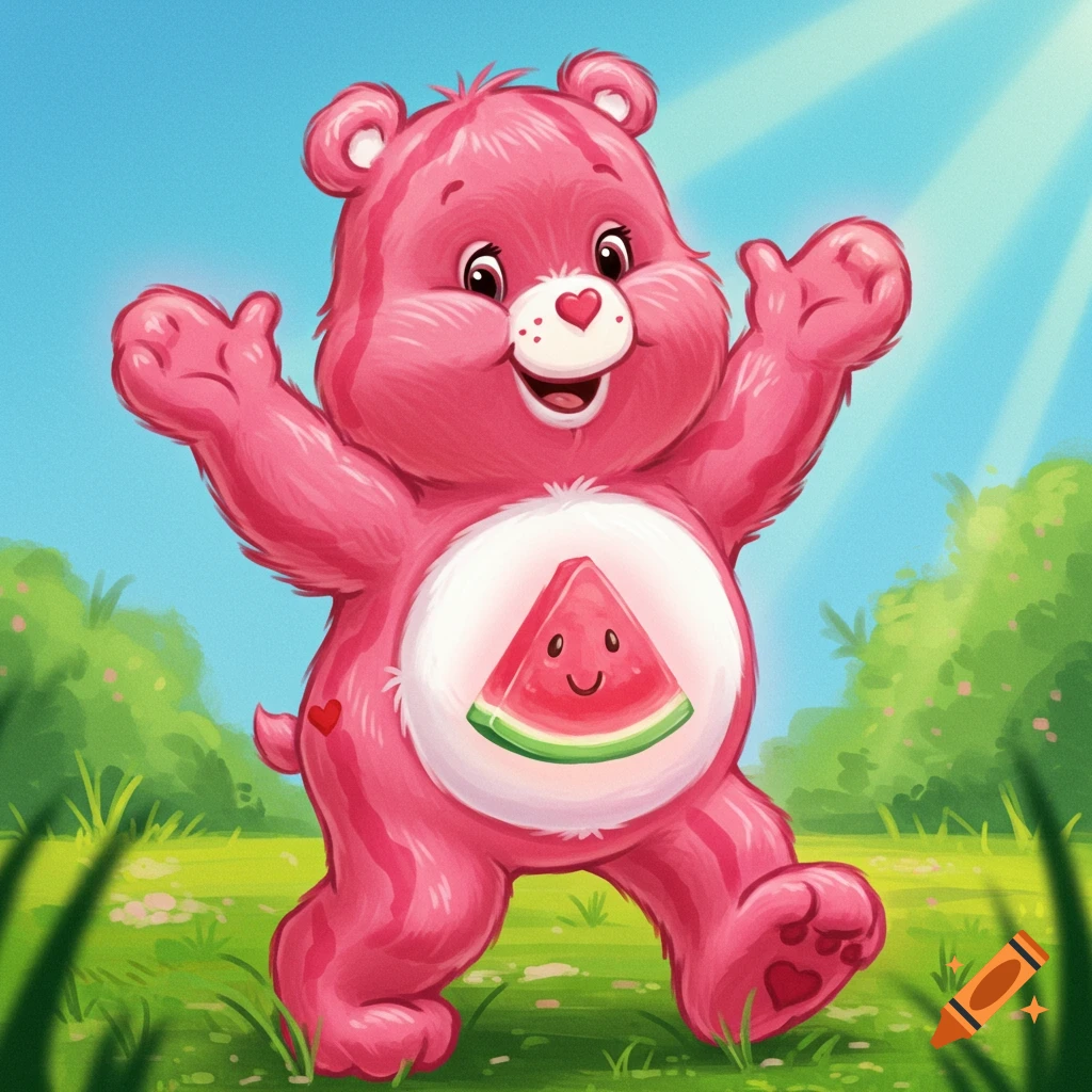 A pink cartoon bear with a watermelon on its belly stands in a sunny field. Digital art.
