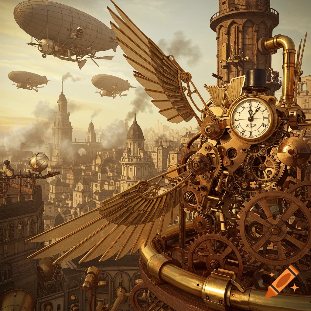 Detailed steampunk cityscape with airships and a large clockwork structure in the foreground.