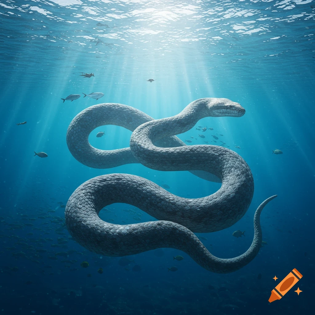 Giant snake swimming underwater with sun rays and fish in a realistic photo.