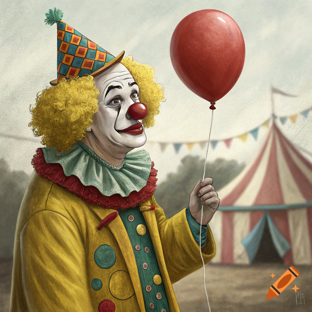 A clown in a yellow suit and party hat holds a red balloon with a circus tent in the background.