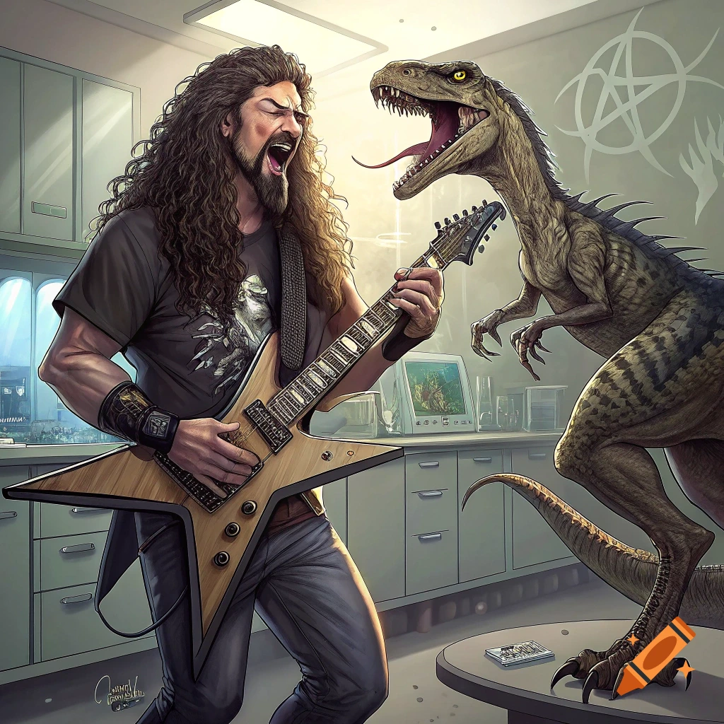 A man with long hair plays an electric guitar while a raptor watches in a lab.