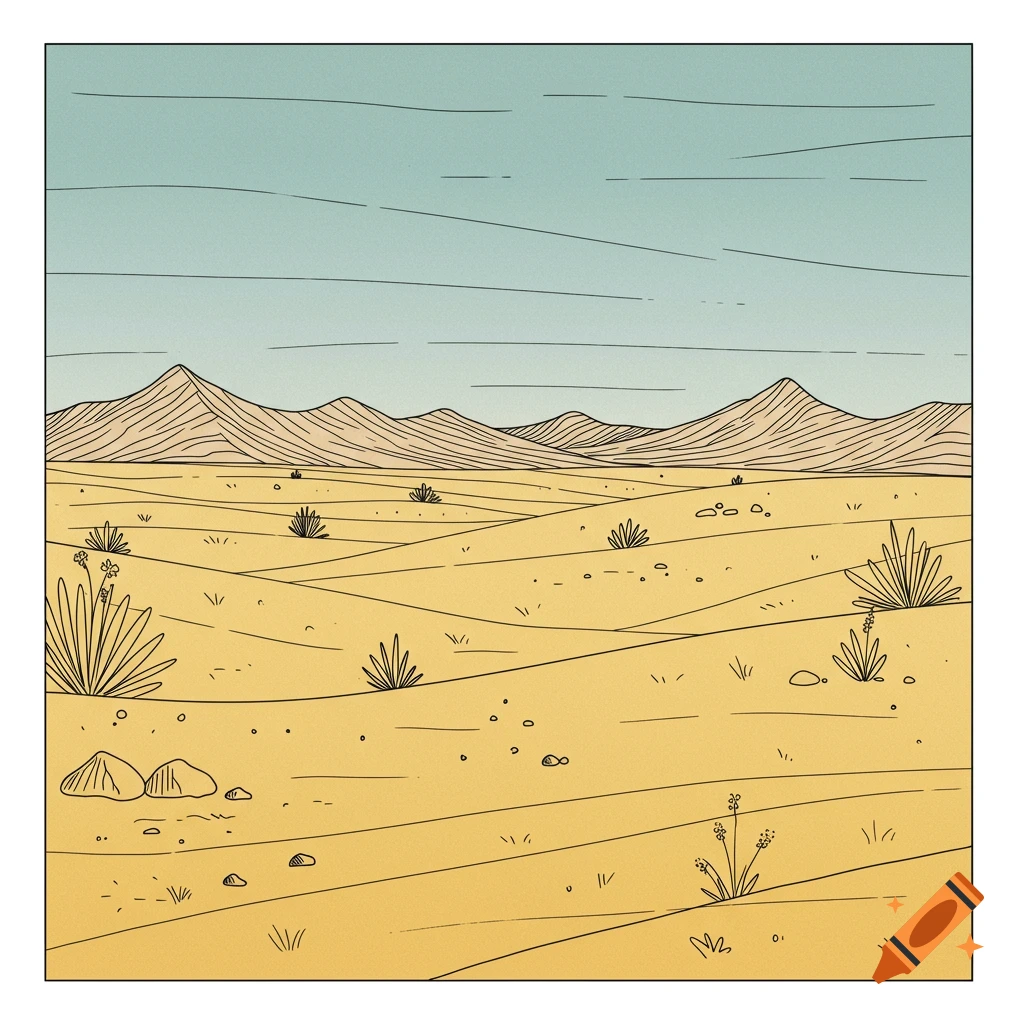 Minimalistic line drawing of a desert landscape with mountains and bushes.