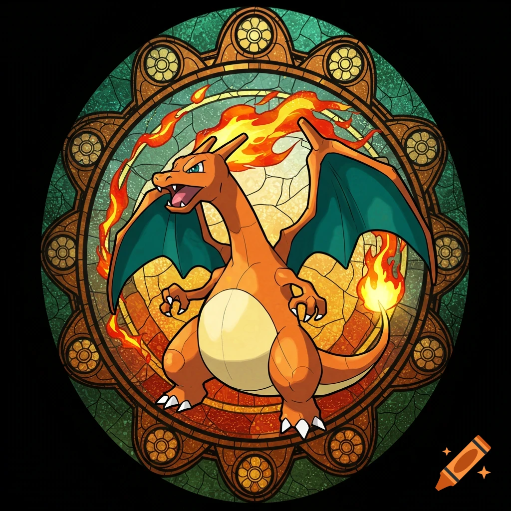 Stained glass window featuring Charizard