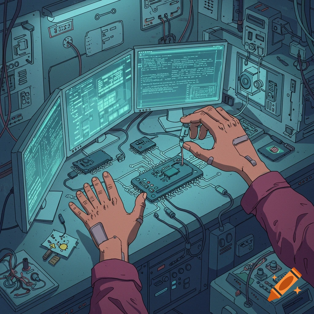 Hands working on a circuit board at a desk with multiple monitors showing code.