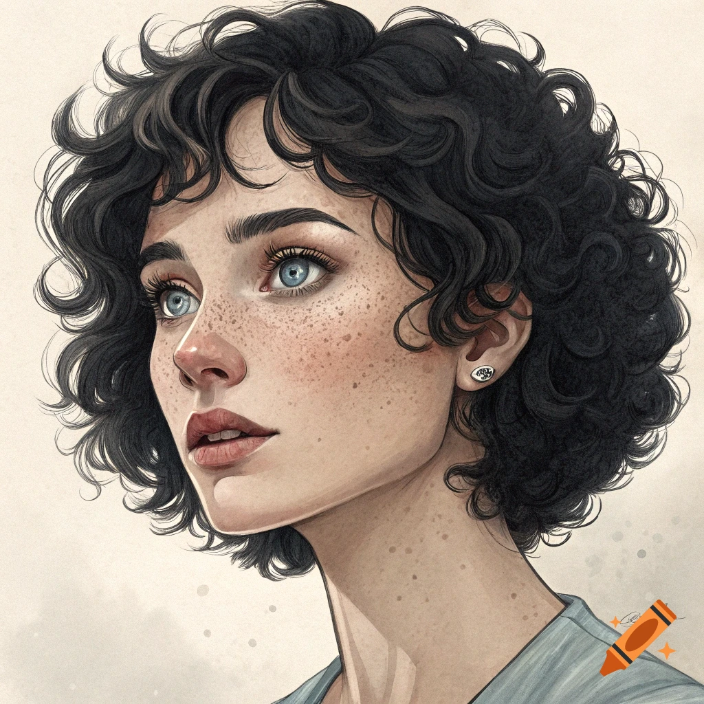Illustration of a young woman with dark curly hair, blue eyes, and freckles, looking up and to the left.