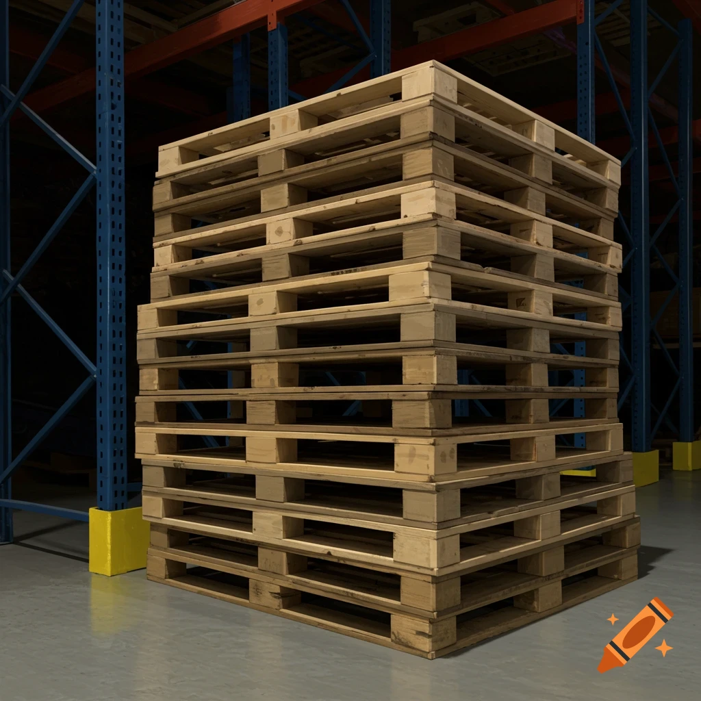 A tall stack of wooden pallets in a warehouse with blue and orange racking.