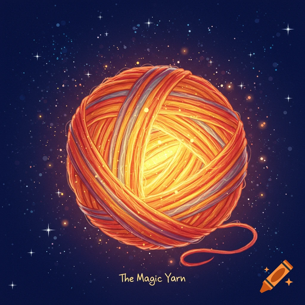 A glowing ball of yarn against a dark starry background with the text The Magic Yarn.