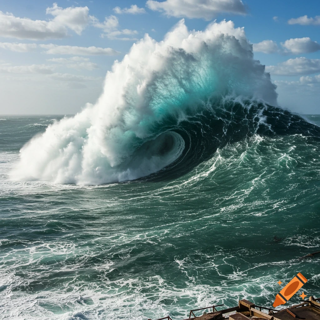 A huge green wave crashing in the ocean under a cloudy sky.