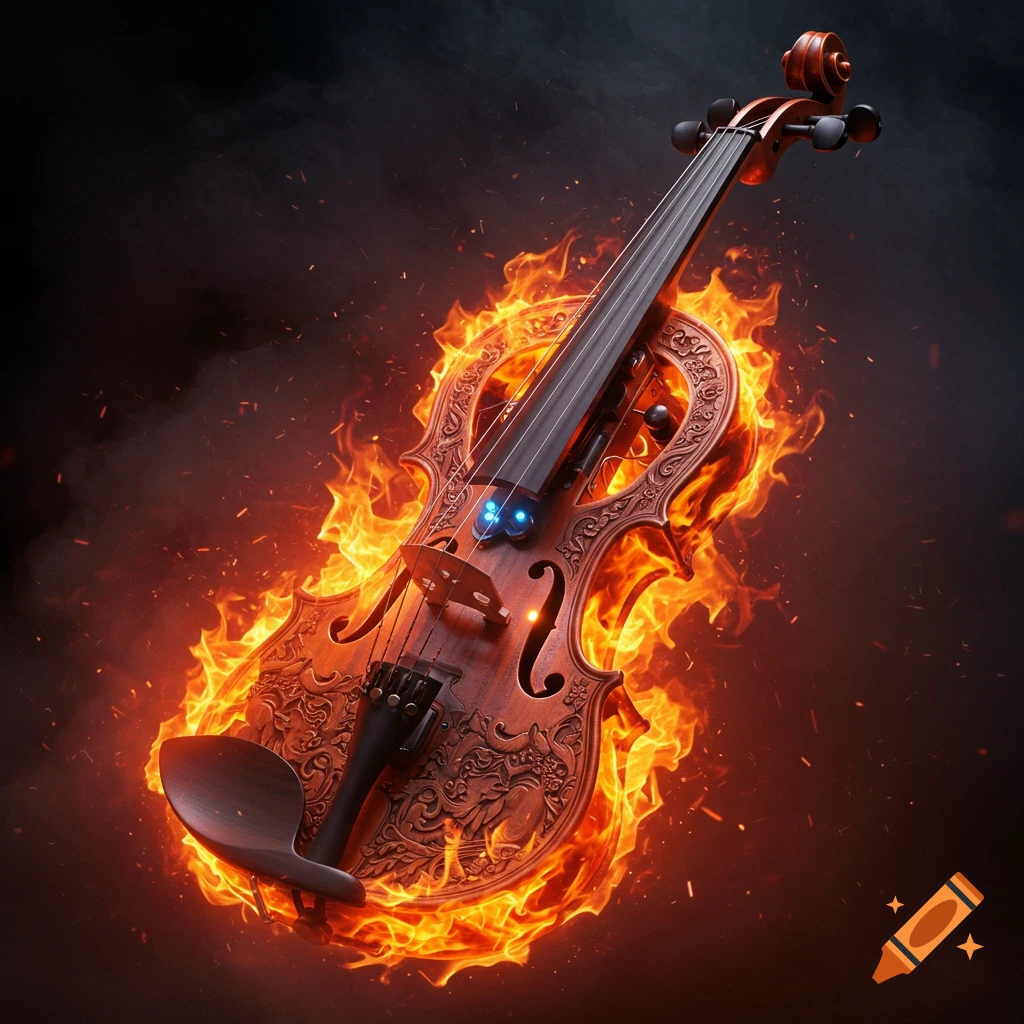 An ornate violin engulfed in flames against a dark background.