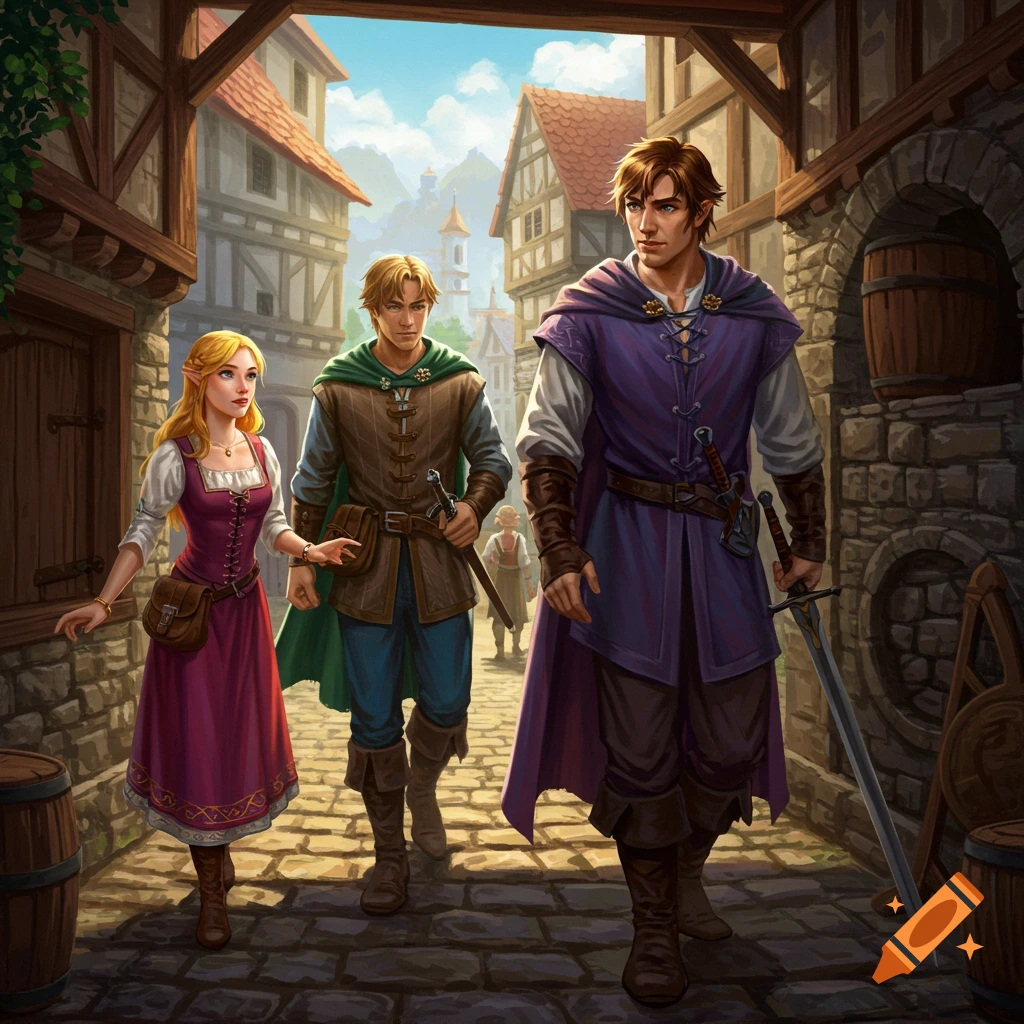 Three people in fantasy clothing are walking through a medieval town street.