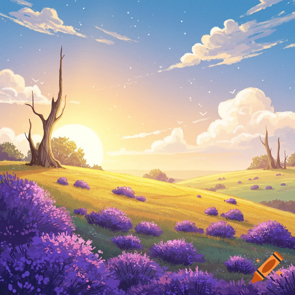 A vibrant image of a sunny landscape with purple lavender fields, bare trees, and fluffy clouds.