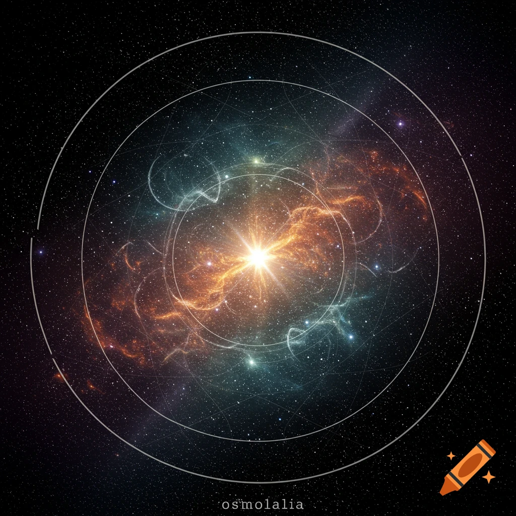 A bright nebula or star in space with abstract circles.