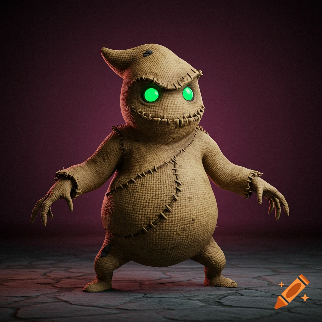 Oogie Boogie, a burlap character with glowing green eyes, stands on stone.