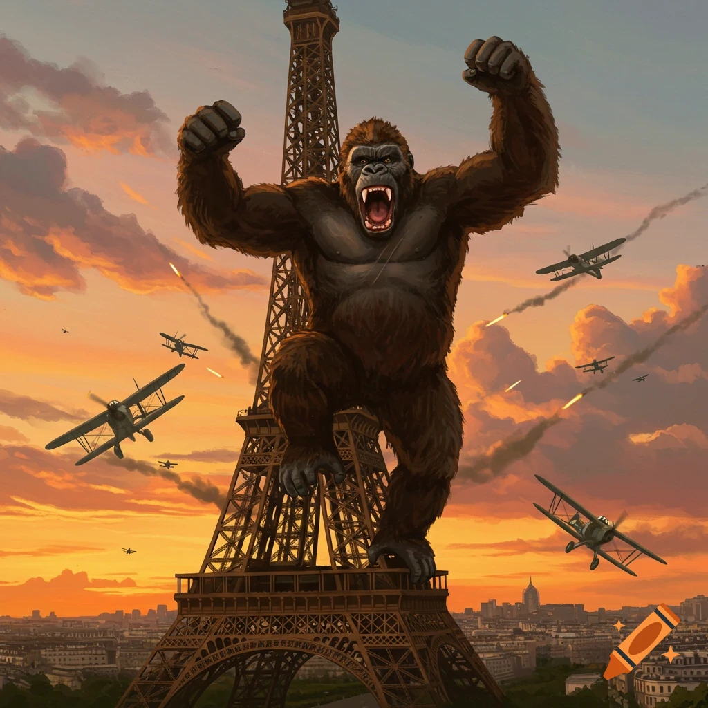 King Kong on Eiffel Tower attacked by biplanes at sunset