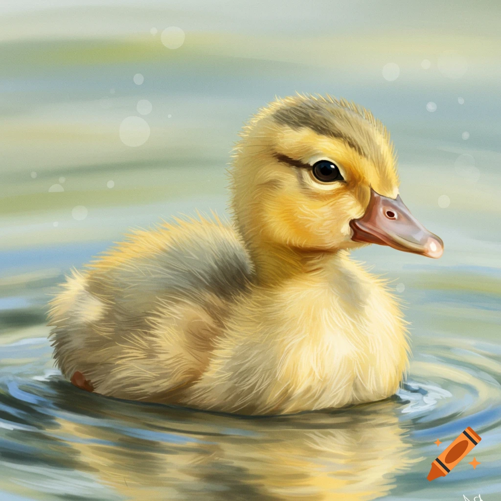 A watercolor painting of a fluffy yellow duckling swimming in water.