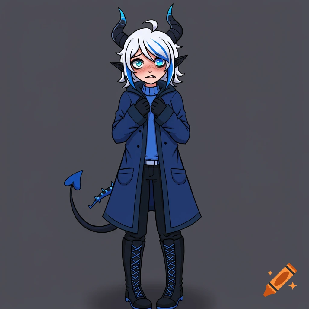 An anime character with blue horns and tail wears a blue coat and looks shy.