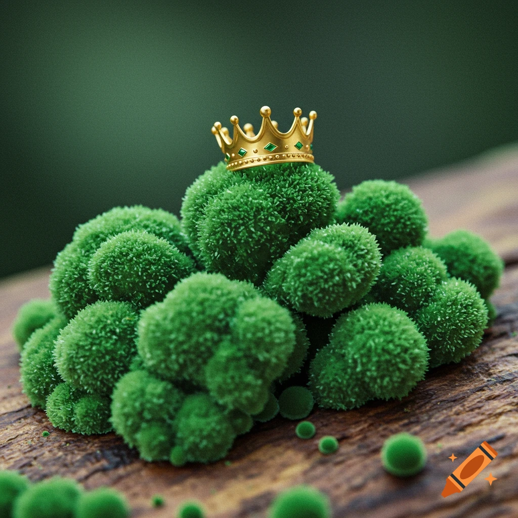 Macro photo of green moss on wood with a gold crown on top.