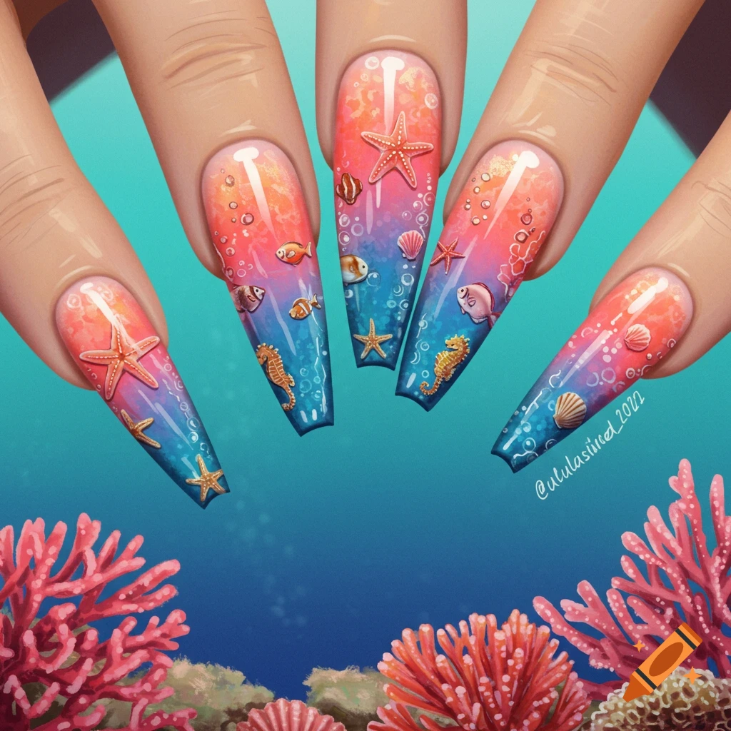 Fingernails decorated with an underwater coral reef design.