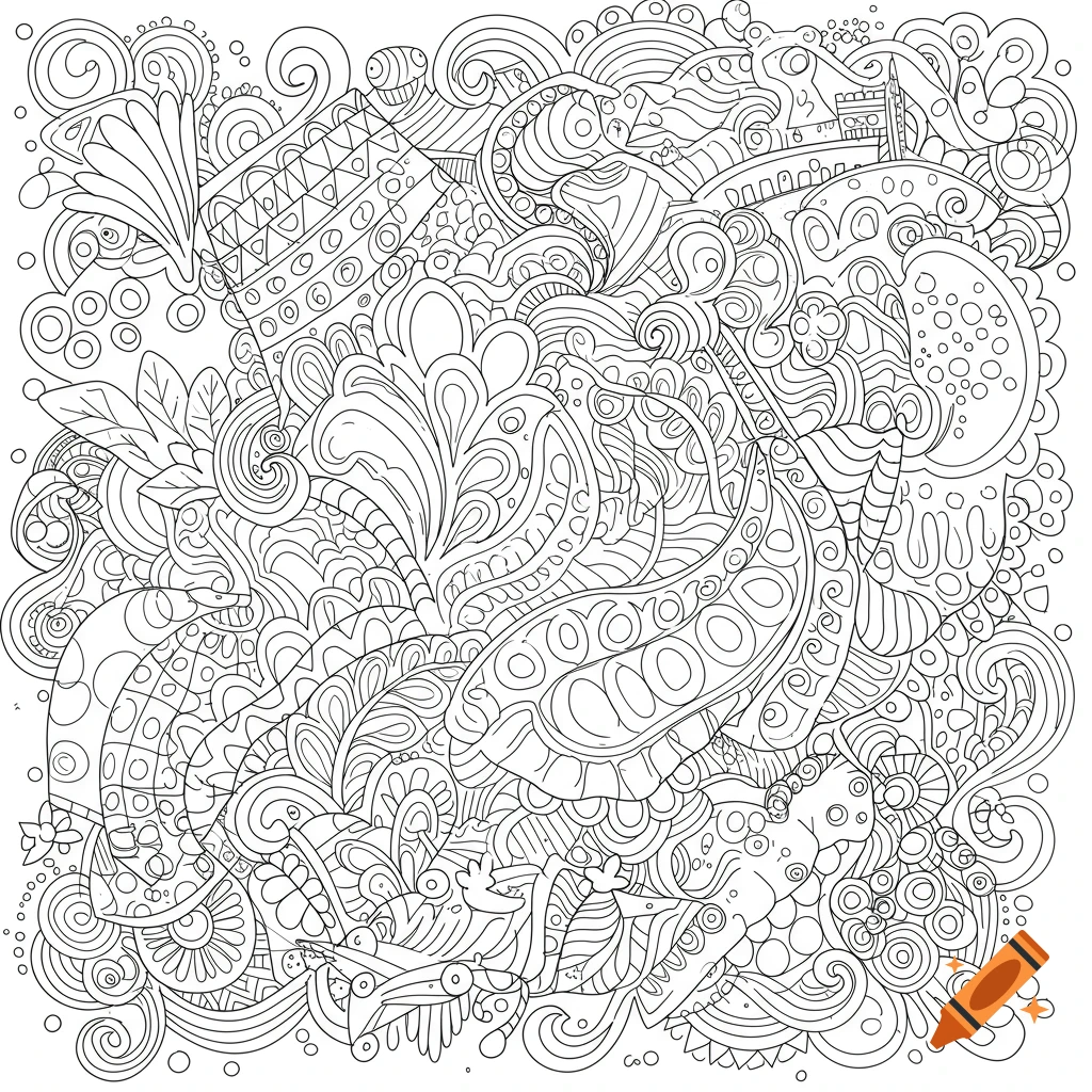 Detailed black and white line art coloring page with intricate abstract patterns and shapes.