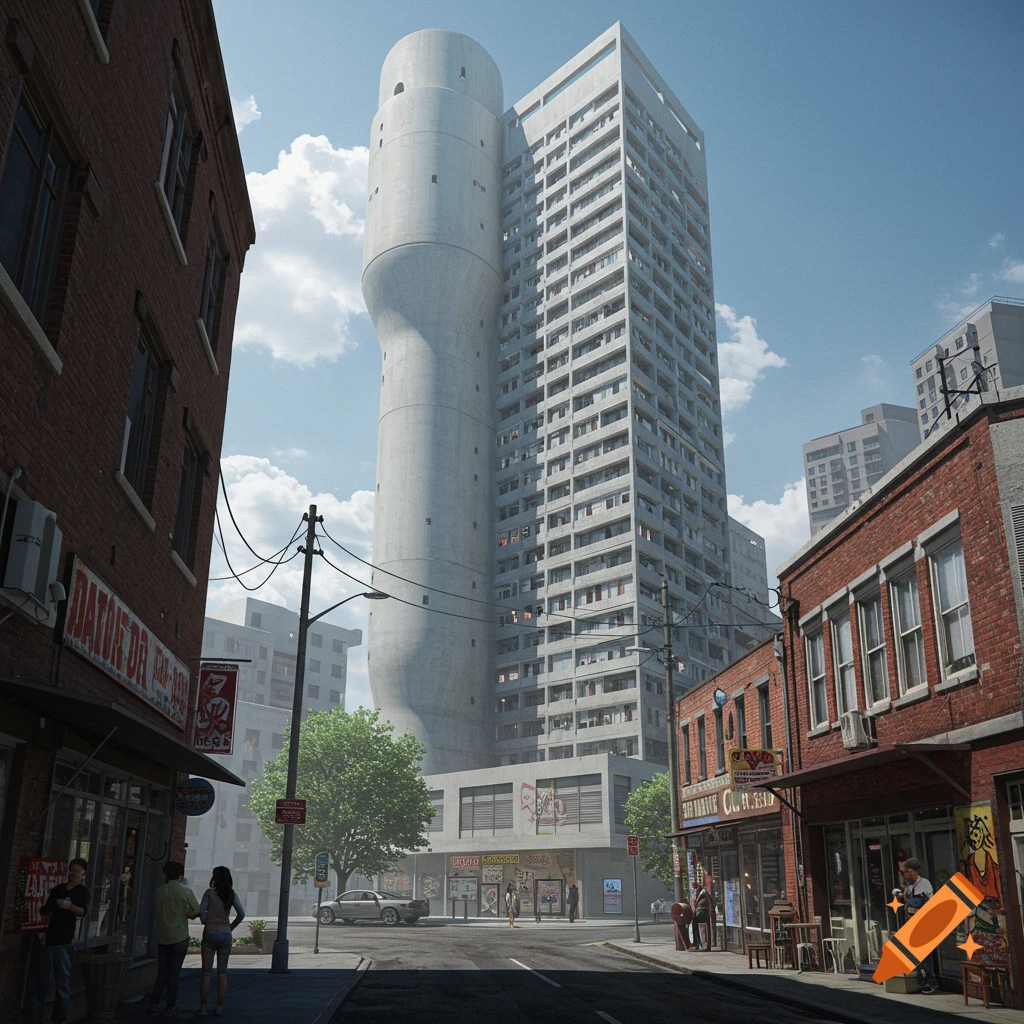 Street scene with a tall, abstract concrete tower and brick buildings on a city street with pedestrians.