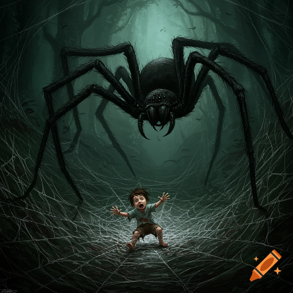 A large spider approaches a fearful child in a spiderweb in a dark forest.