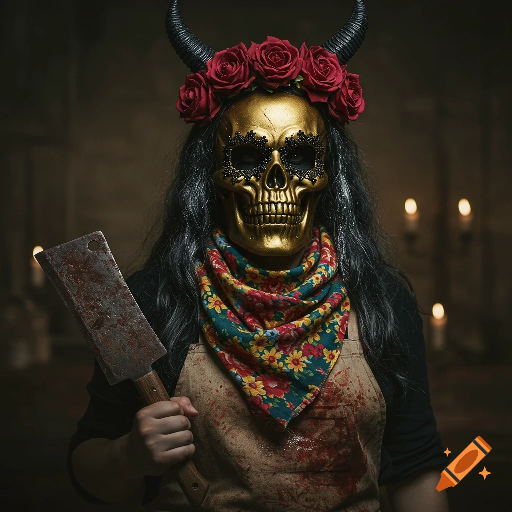 A person in a golden skull mask with horns and roses holds a bloody cleaver in a dark room.