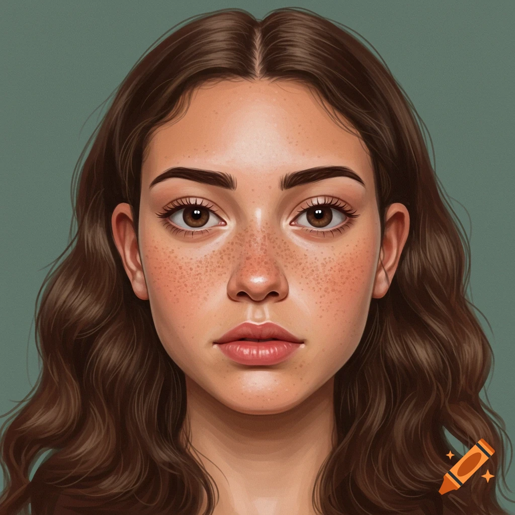 A close-up of a woman's face with brown hair and freckles