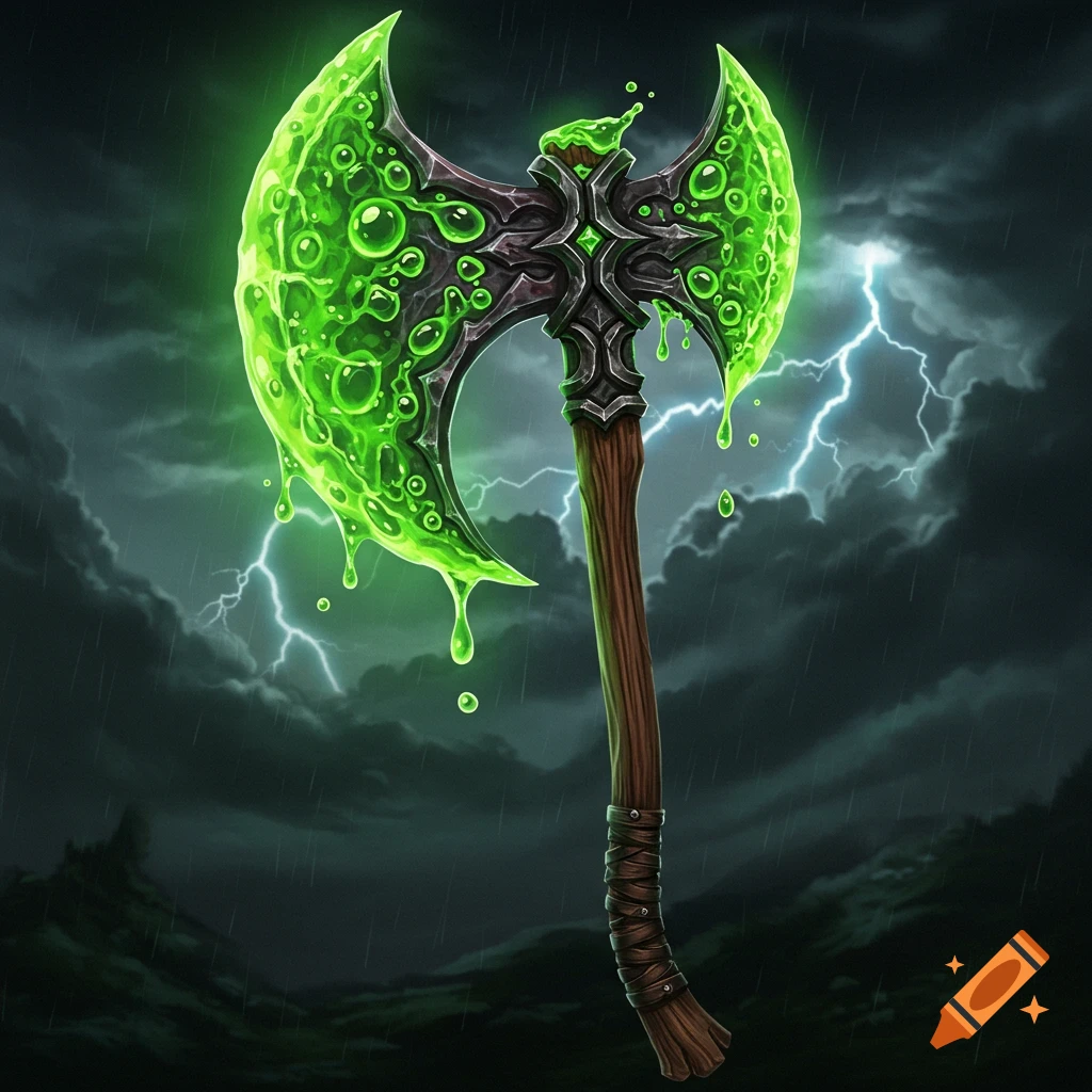 A fantasy battle axe covered in glowing green acid against a stormy sky with lightning.