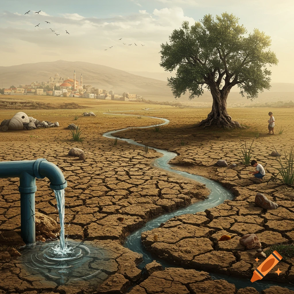 A cracked earth in a dry landscape with a pipe pouring water into a winding stream, a large tree, and two children near a distant town.