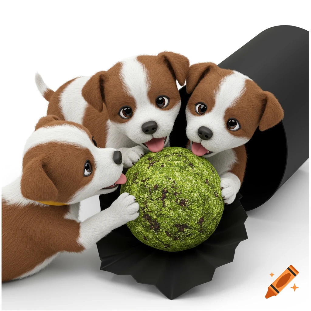 Three cute 3D puppies with a green truffle