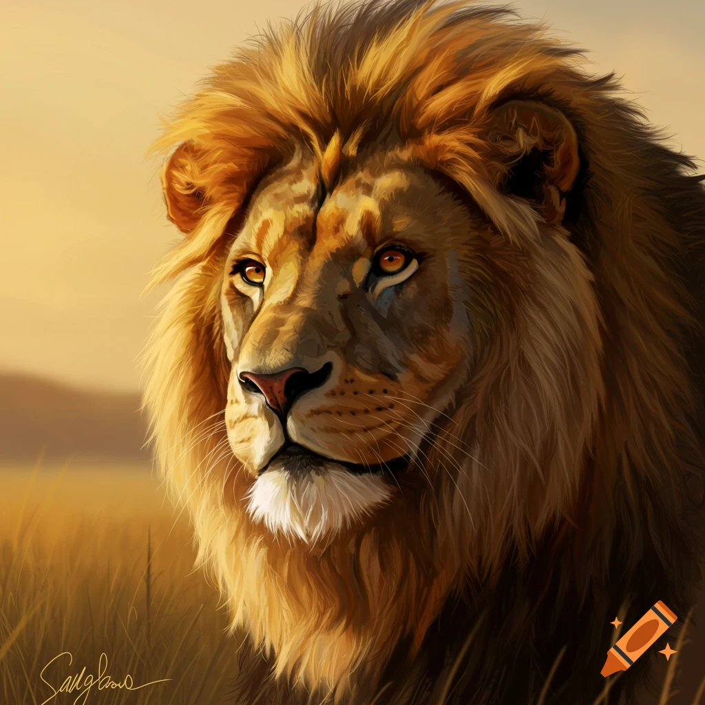 The head and mane of a male lion are depicted in a warm sunset landscape.