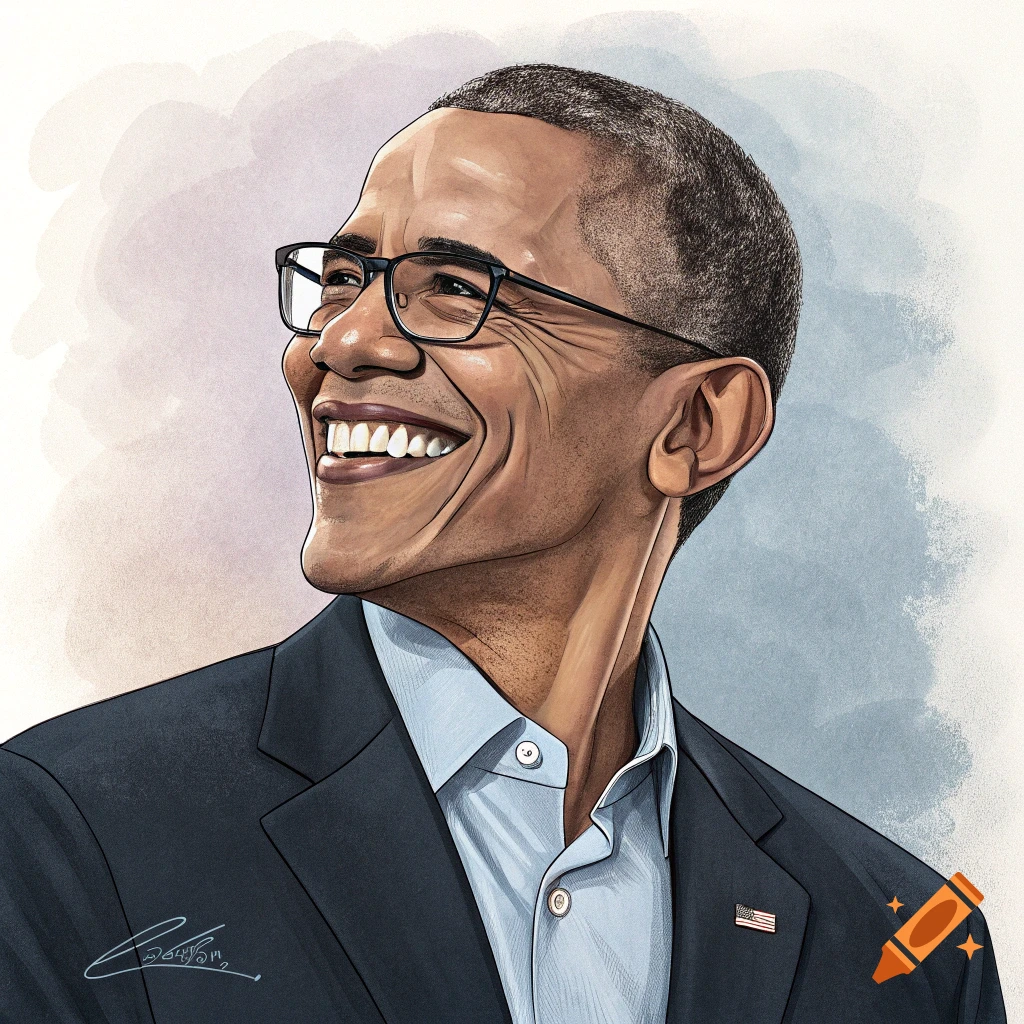 Stylized portrait of Barack Obama smiling, wearing glasses and a suit.