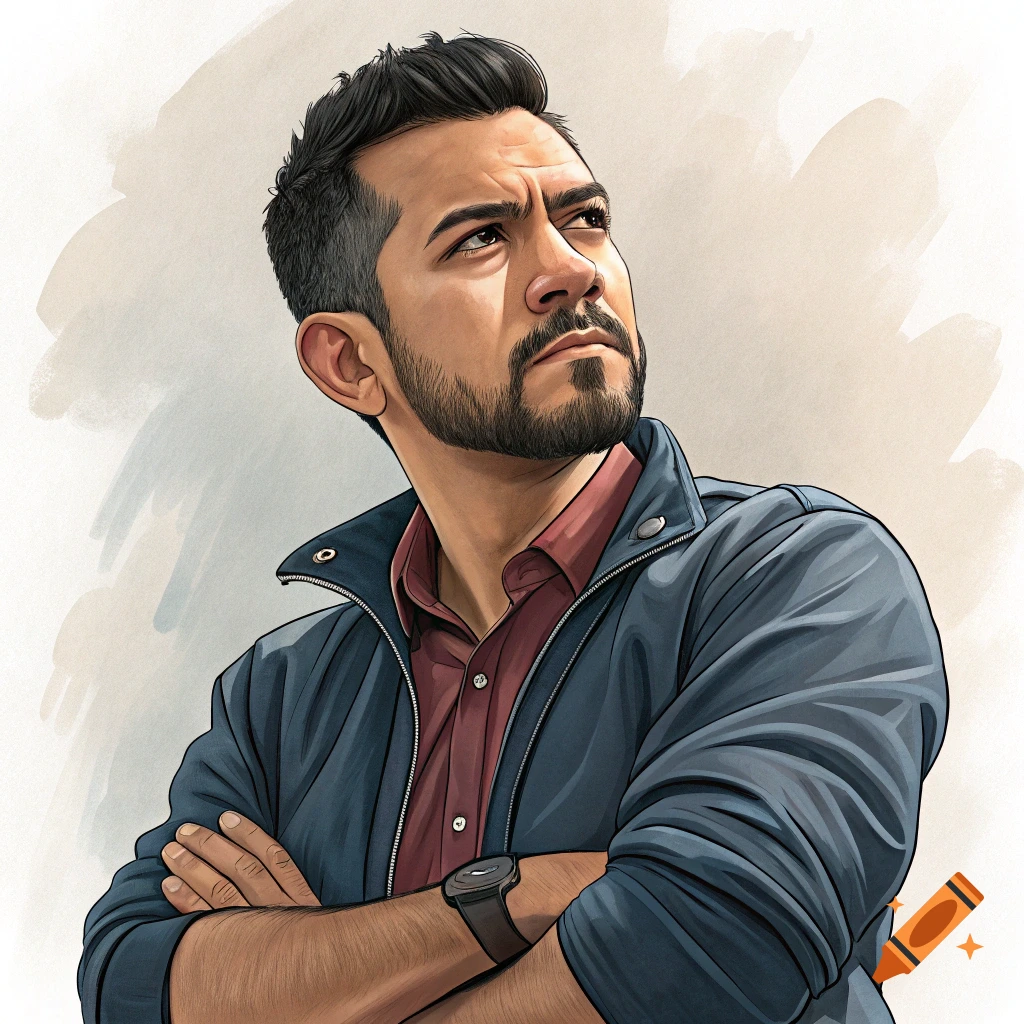 Illustrated portrait of a man looking up with crossed arms.