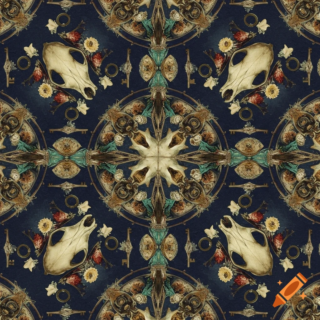 A dark vintage repeating pattern featuring coyote skulls, ornate mandalas, keys, and scattered flowers.