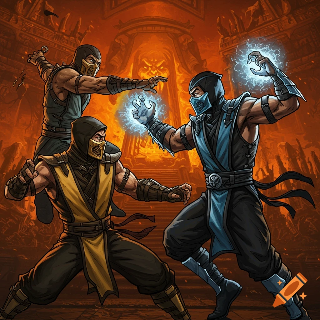Three masked fighters in action poses in an orange-lit temple background.