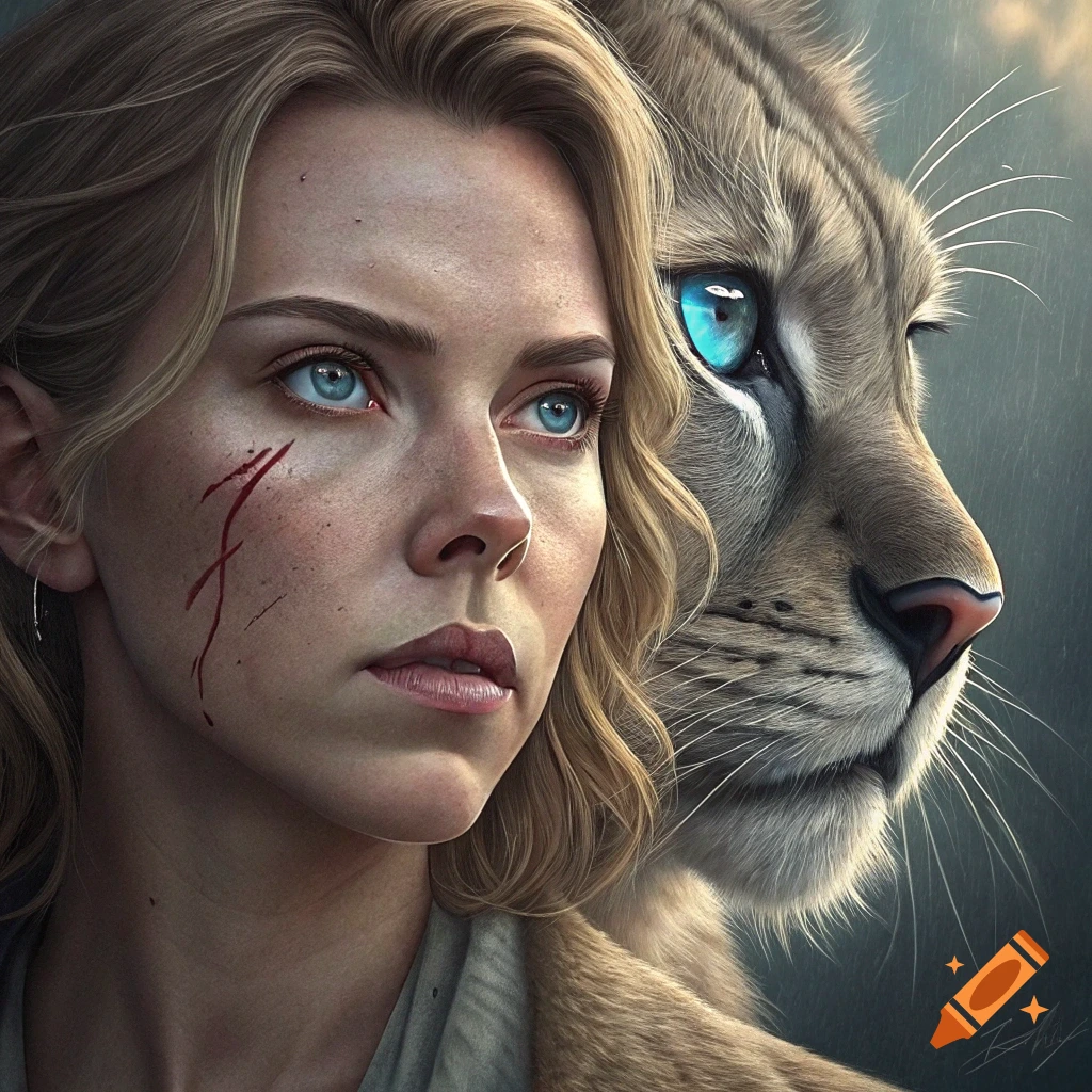 Realistic portrait of a blonde woman with facial scars and a large cat head next to her