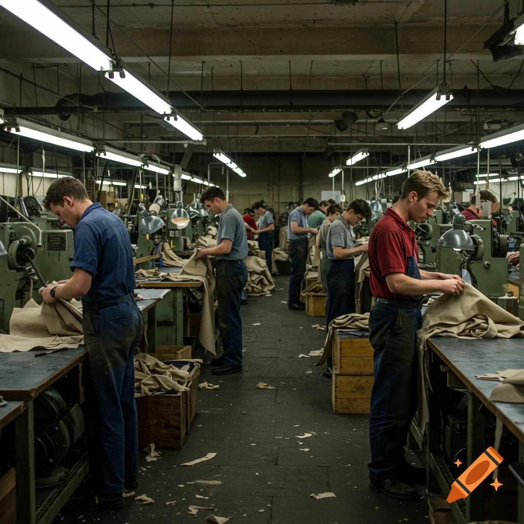 Men work with fabric at machines in a busy factory.