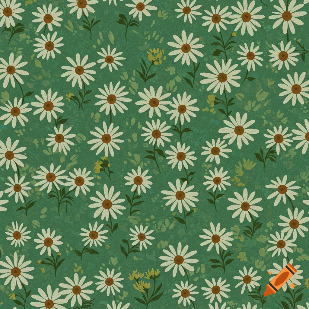 Seamless pattern of white daisies with brown centers on a green textured background.