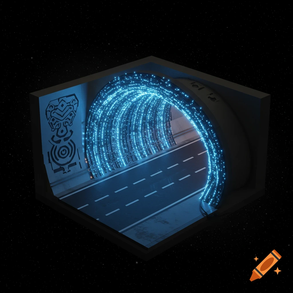 Isometric view of a futuristic tunnel entrance with blue lights and abstract patterns against a starry sky.