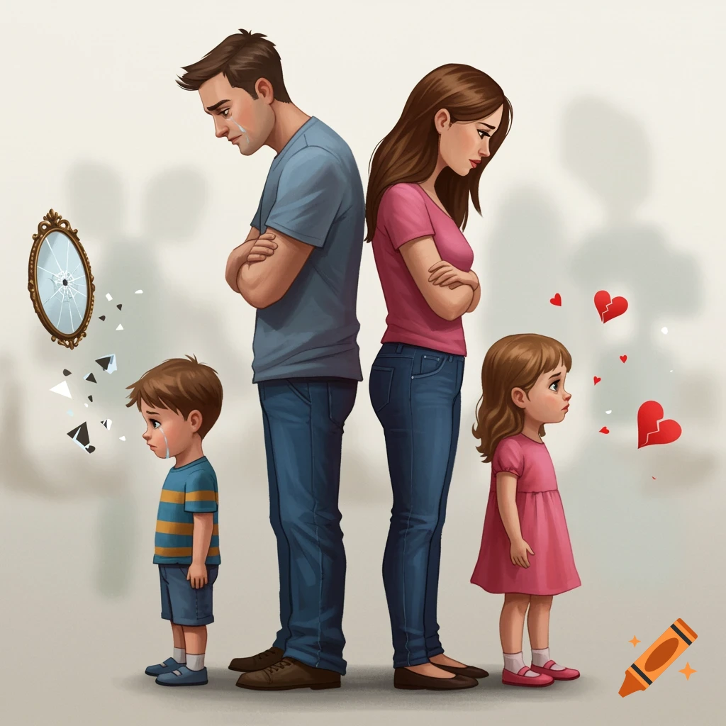 Stylized illustration of a family showing sadness and separation, with a broken mirror and hearts.