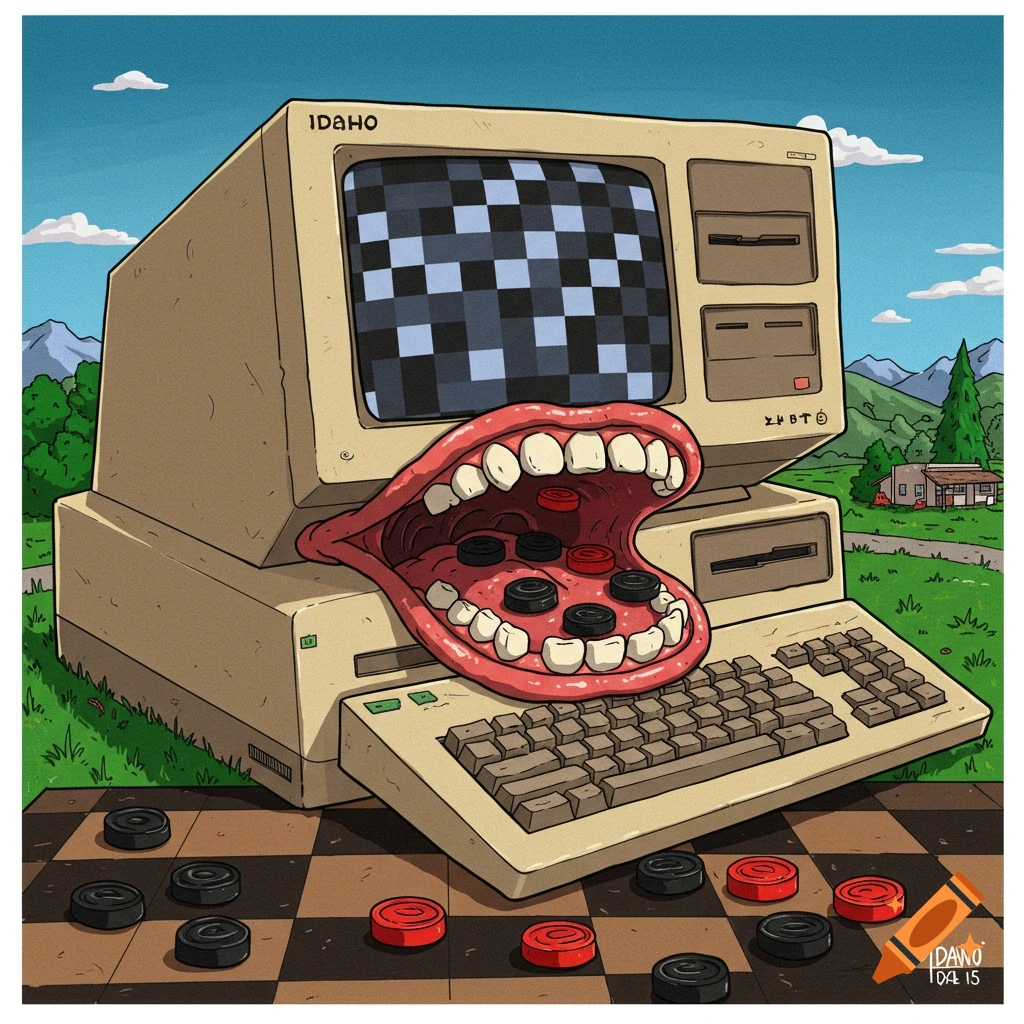 A vintage computer with a mouth eating checker pieces in a landscape.