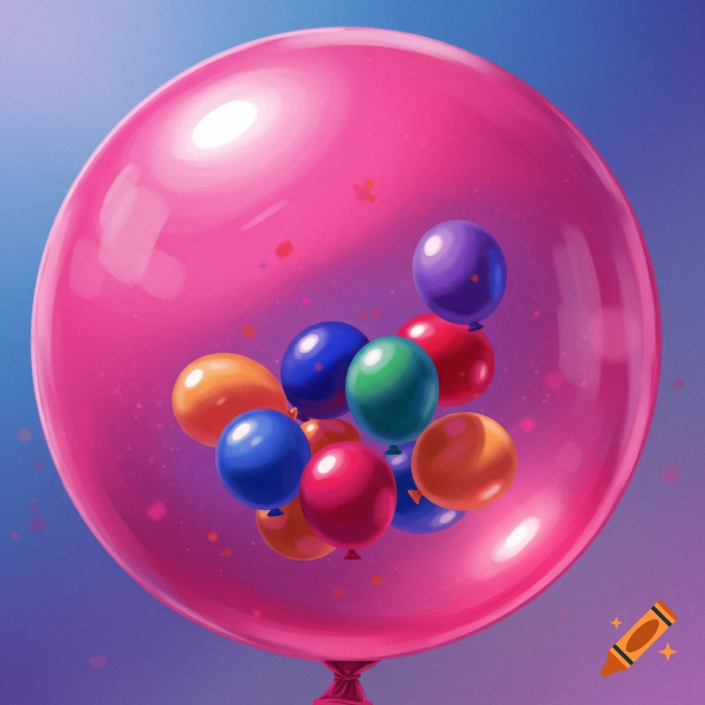 A large pink balloon filled with smaller colorful balloons.