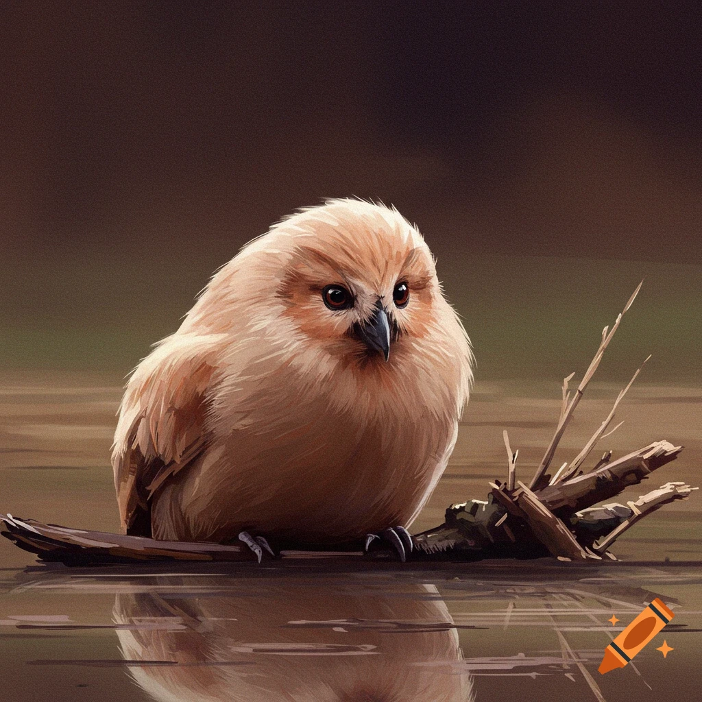 A fluffy light brown bird sits on a branch reflecting in water