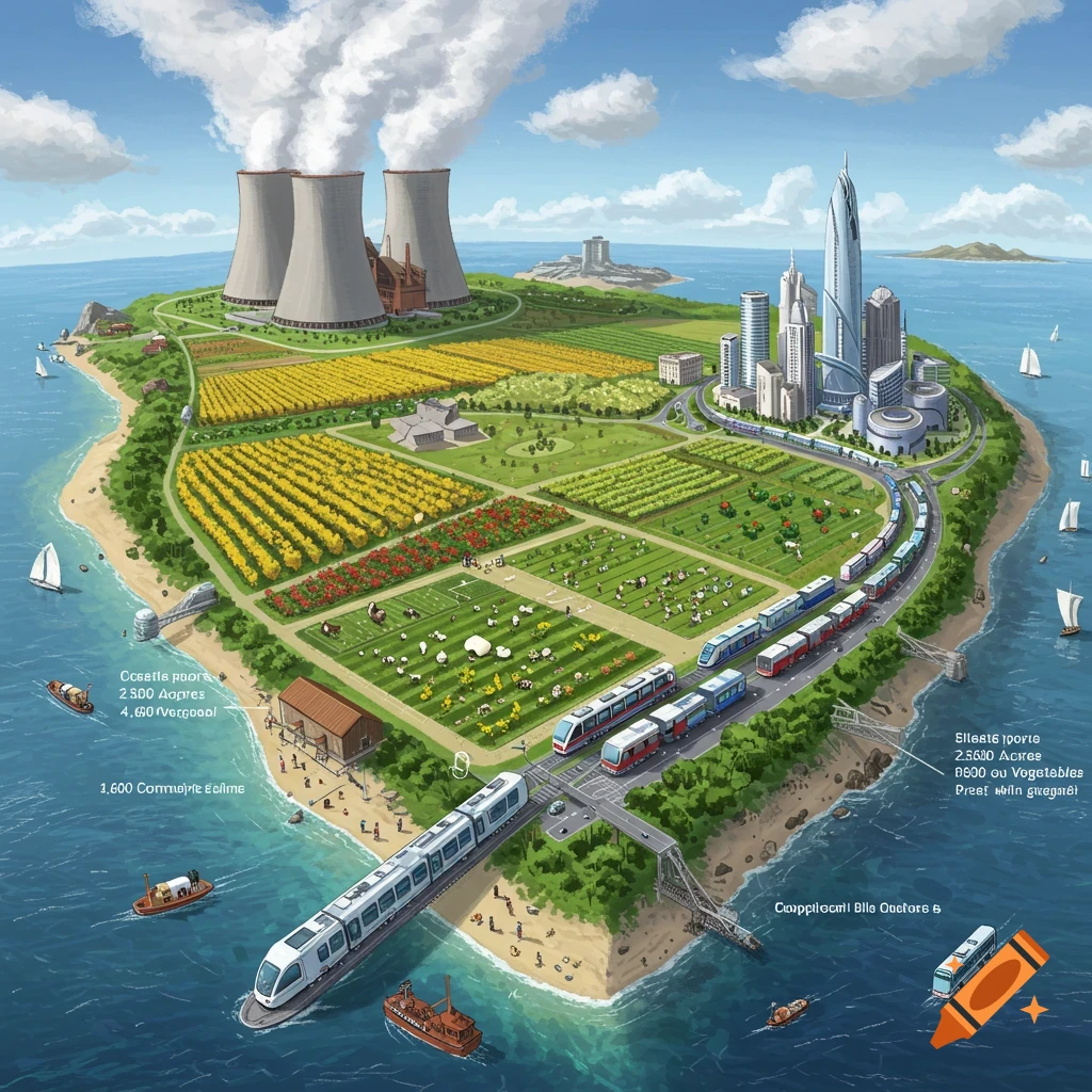 Illustration of a self-sufficient island with a nuclear plant, farms, futuristic city, trains, and boats.