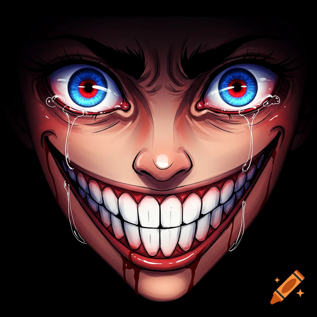 Close-up of a creepy anime face with wide blue and red eyes, tears, and a large grin with many teeth, dripping blood.