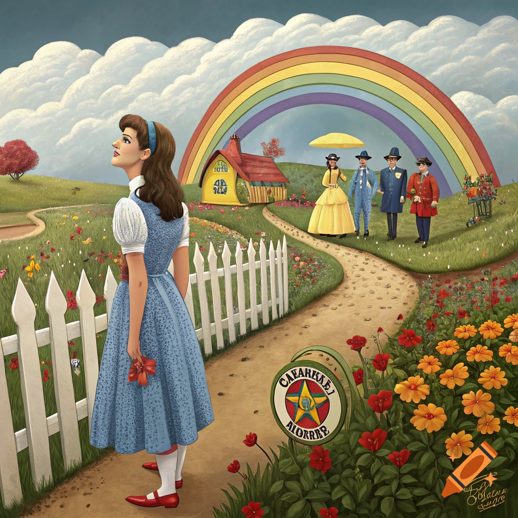 An illustration of Dorothy looking at a winding path towards a yellow house, a rainbow, and several figures. The landscape is covered in colorful flowers.