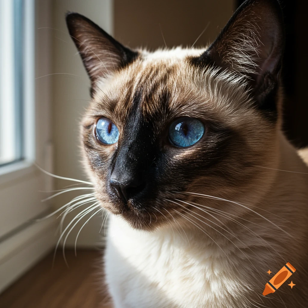 Close-up of a Siamese cat with bright blue eyes looking out a window