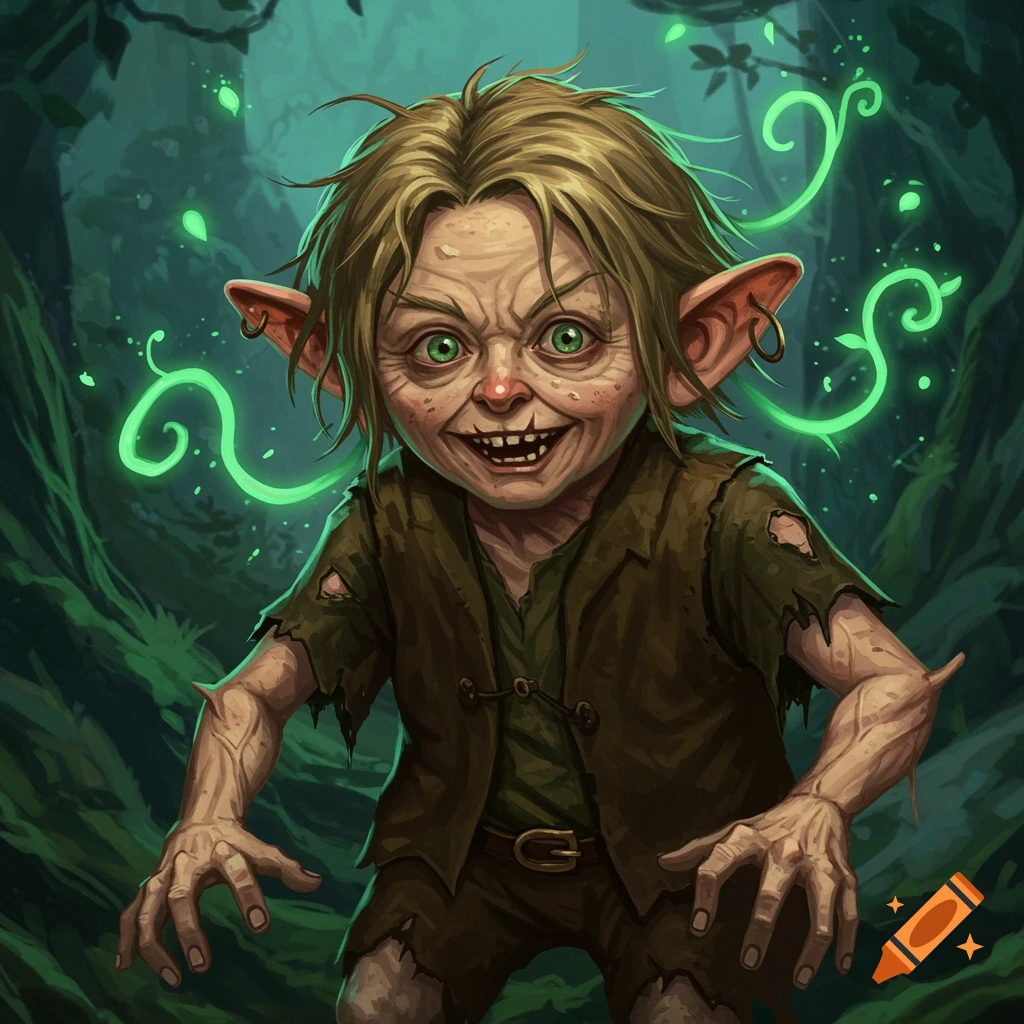 A creature resembling Smeagol is shown in a dark fantasy forest.